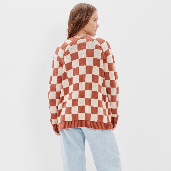 AE Checker Cardigan in Burnt Orange and Cream Size Medium Cotton Blend - Picture 2 of 10
